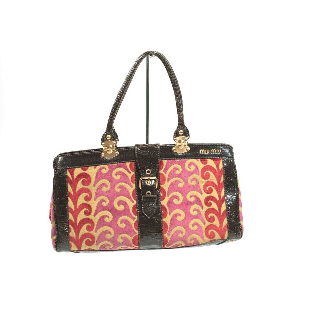Miu Miu Red Brown Twiggy Brocade Fabric Handbag